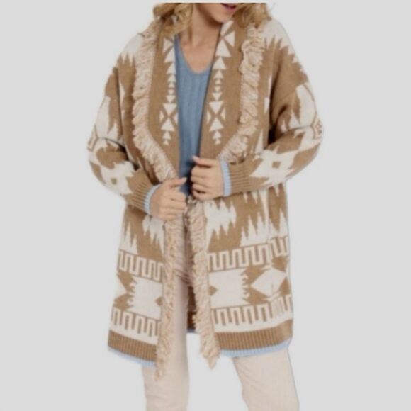 Cocogio made in Italy medium wool blend tan cream blue boho open front cardigan - Picture 1 of 7
